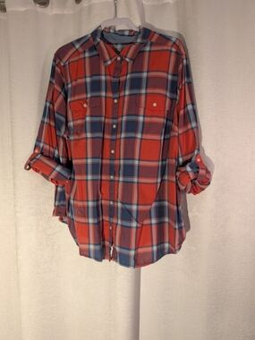St. John's Bay Red and Blue Plaid Button-Down Shirt Women's 3X